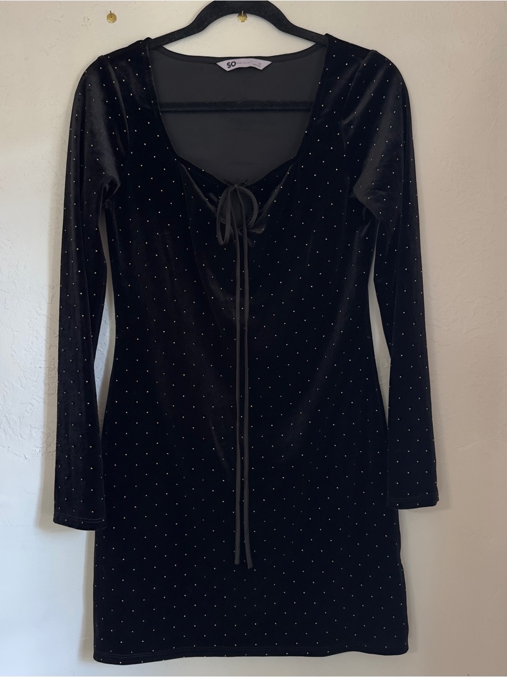 Black Velvet Long Sleeve Tie-Front Mini Dress with Gold Polka Dots Detail size M